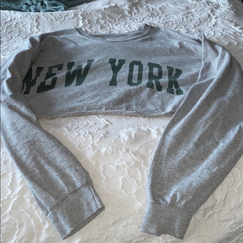 Brandy Melville Gray Cropped 'New York' Long sleeve with Dark Green Lettering